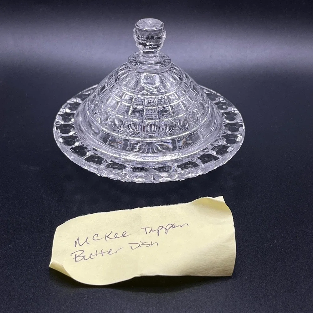 McKee Tappan Child Toy Clear Pressed Glass Round Butter Dish‎ Lid Flying Saucer